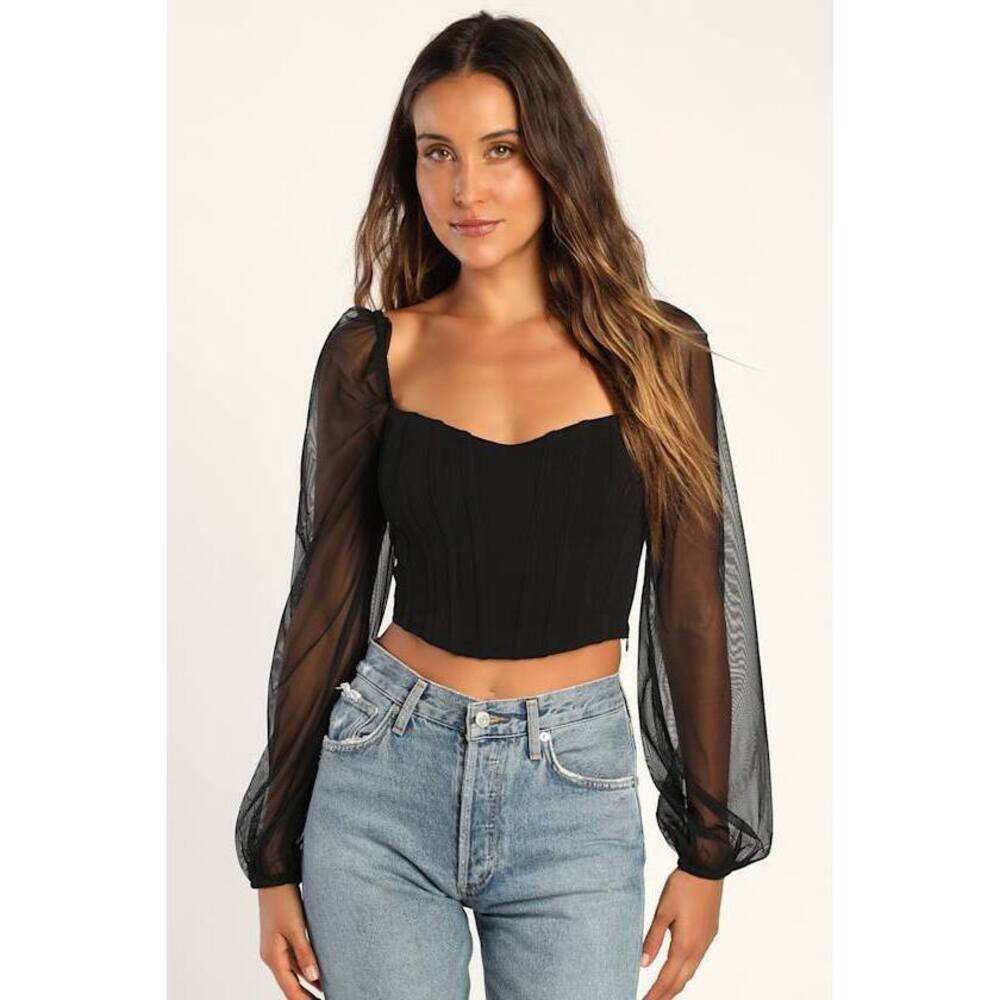 Lulus Attention Getter Black Balloon Sleeve Corset Crop Top - Size S